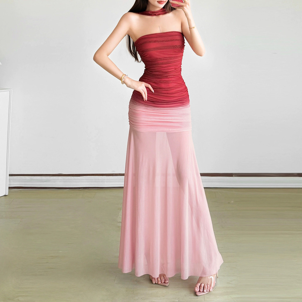 Zara Breezy Gradient Color Block Halter Neck Corset Mesh Mermaid Maxi